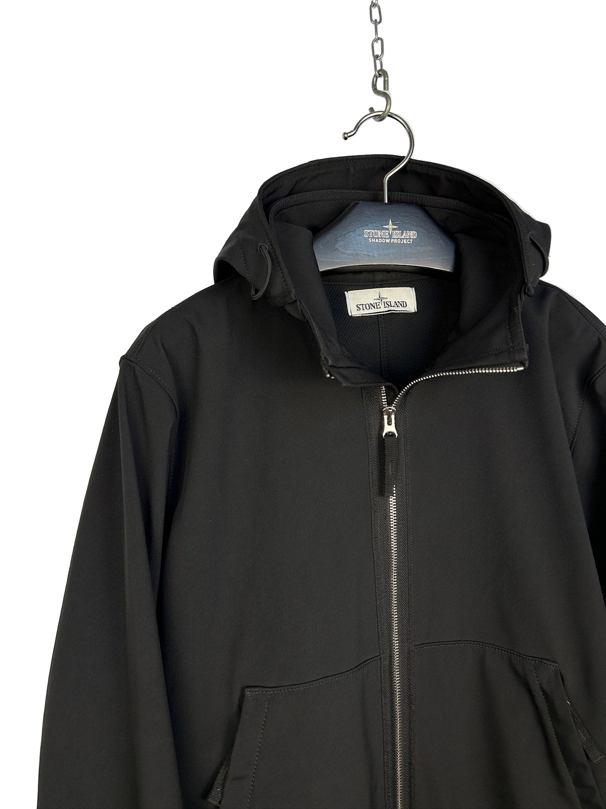 Giacca Light Soft Shell-R nero con zip e cappuccio Stone Island - Taglia M