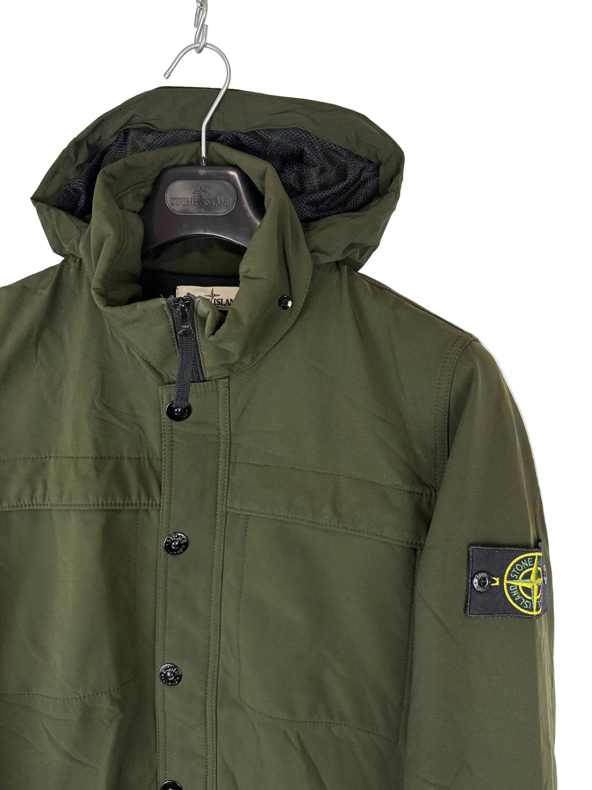 Giacca Soft Shell-R verde con zip e cappuccio a scomparsa Stone Island - Taglia M