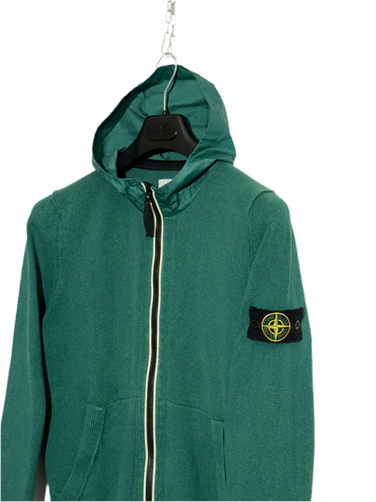 Felpa in maglia verde con zip e cappuccio vintage Stone Island - Taglia L