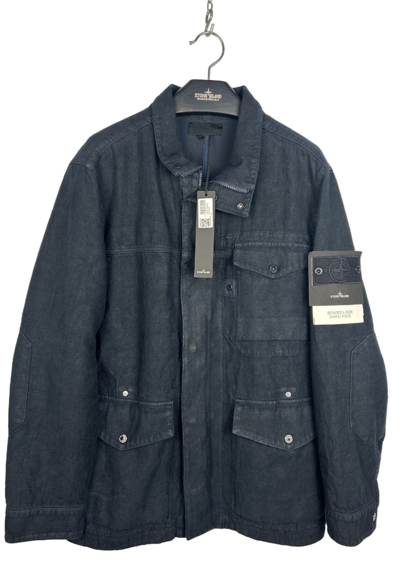 Giacca Ghost Bonded Linen blu navy con chiusura a bottoni Stone Island (nuova con cartellino) - Taglia L