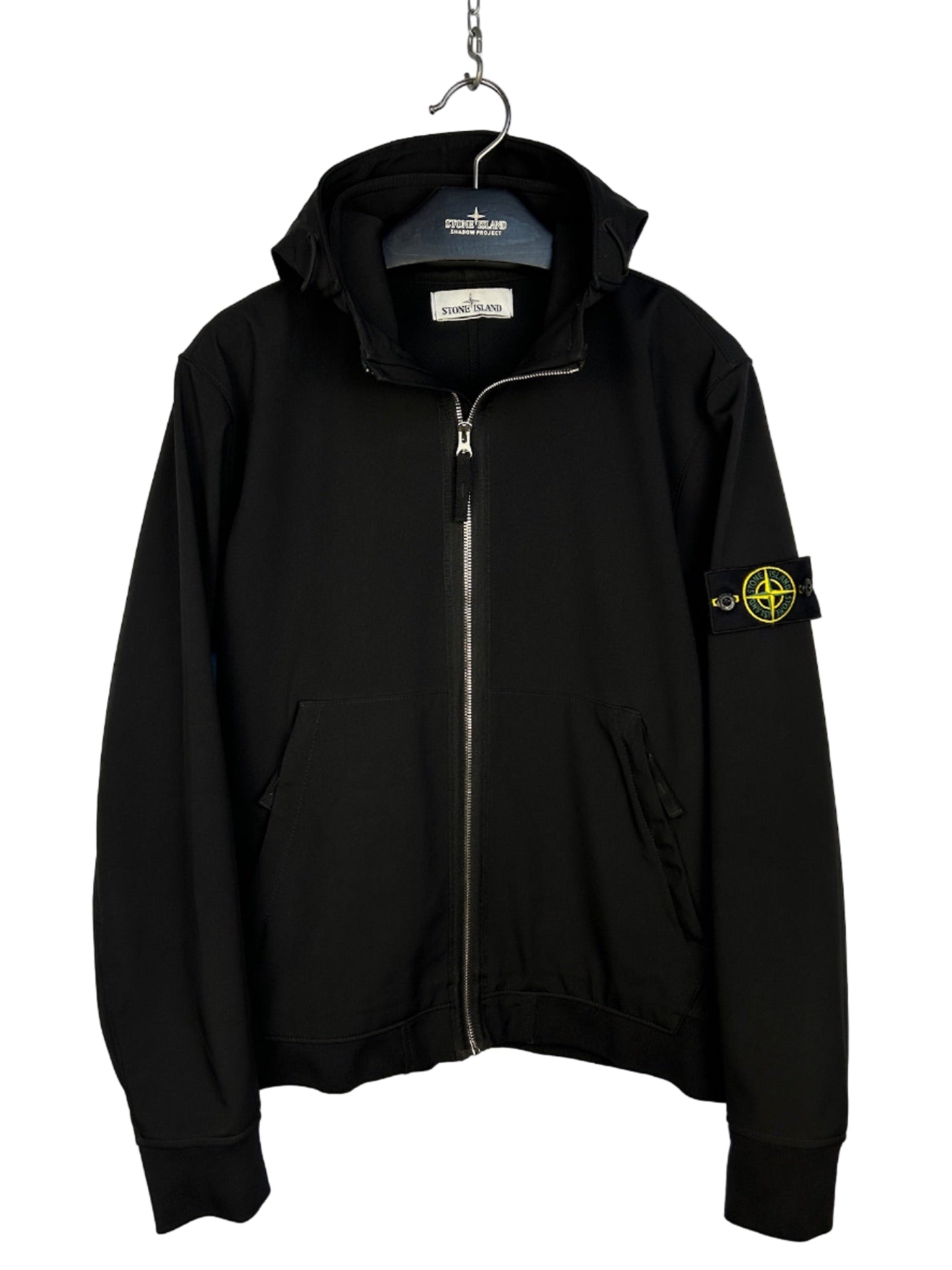 Giacca Light Soft Shell-R nero con zip e cappuccio Stone Island - Taglia M