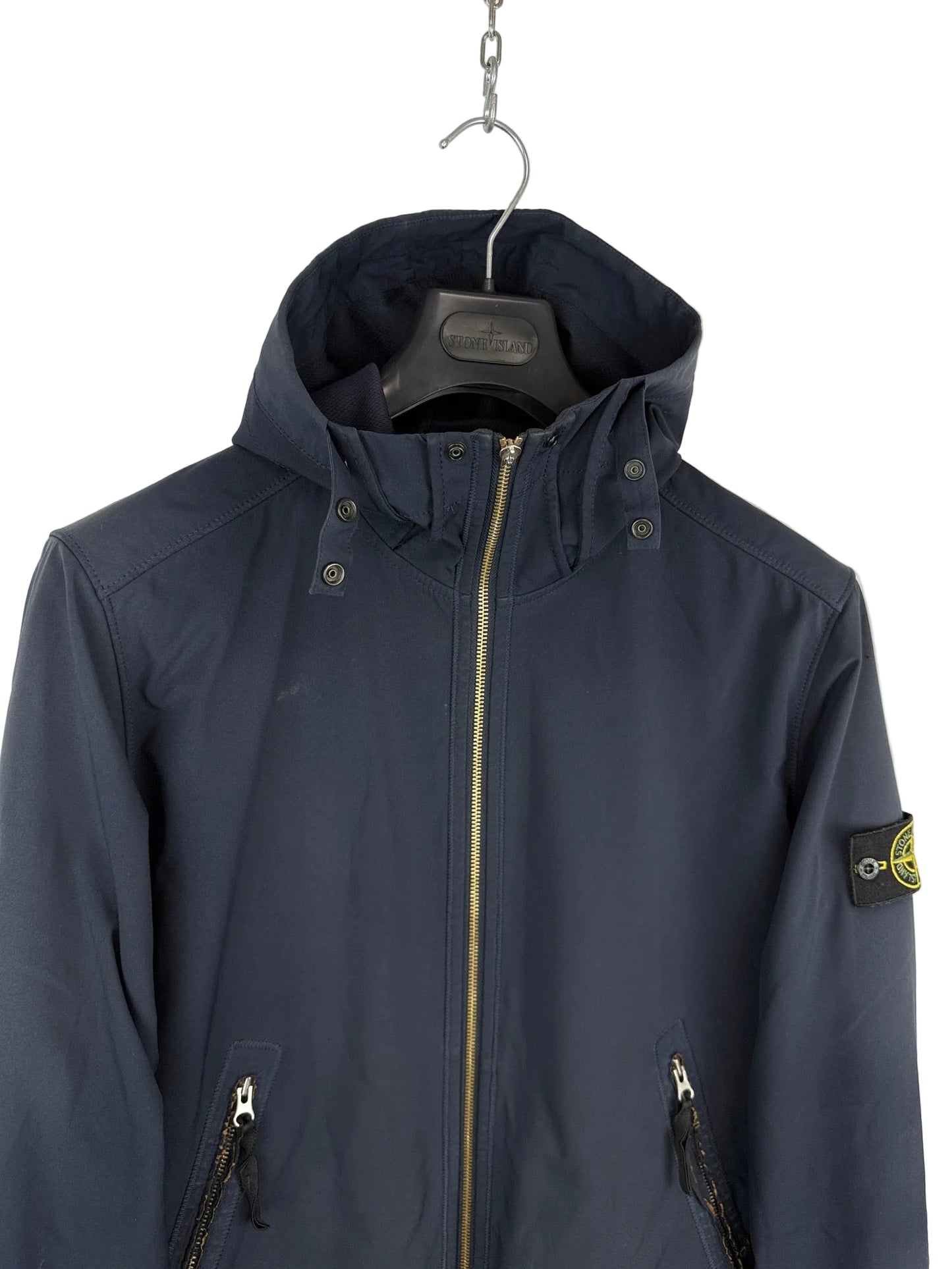 Giacca Light Soft Shell-R blu navy con zip e cappuccio Stone Island - Taglia L