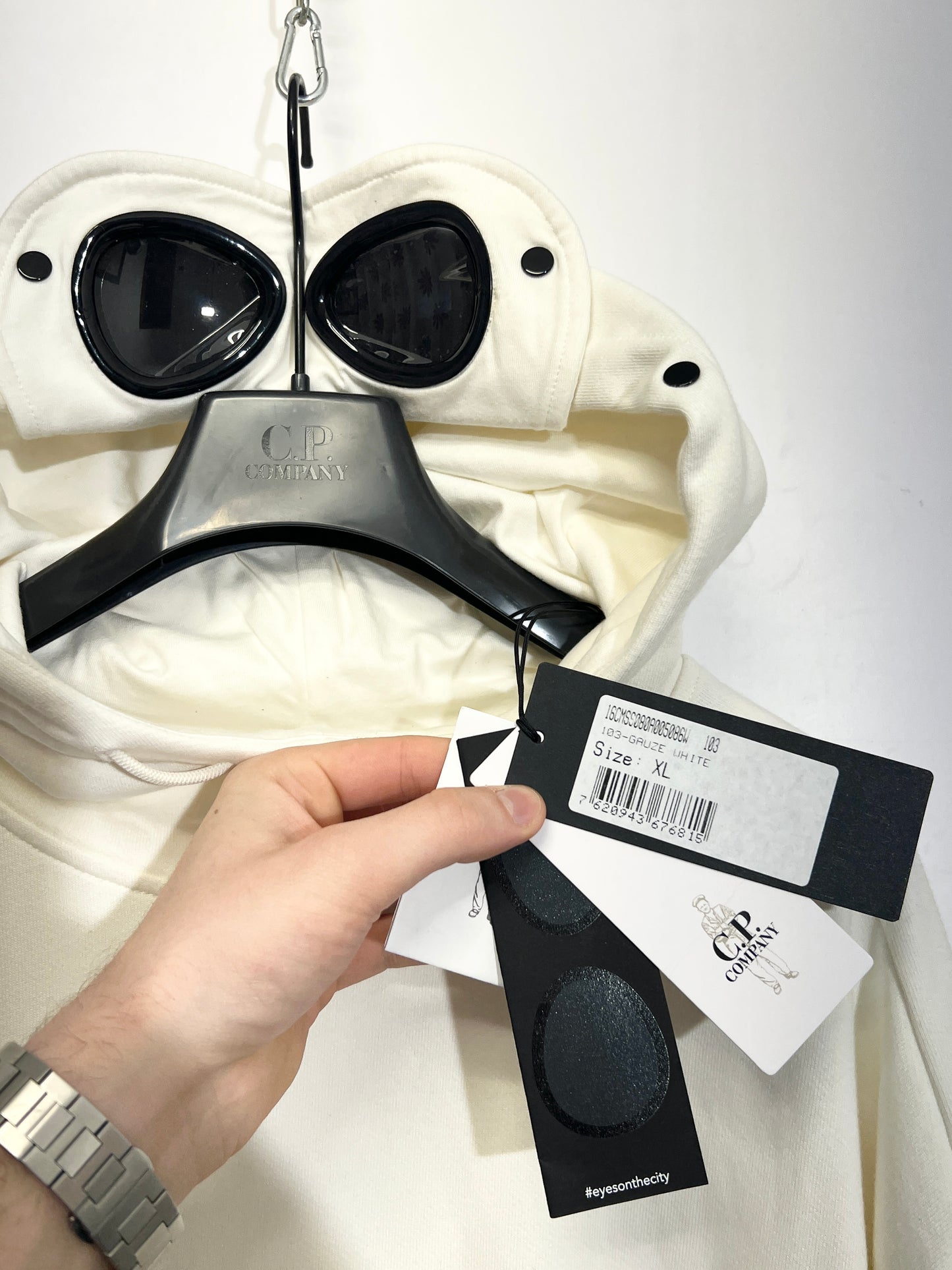 Felpa Goggle bianca con cappuccio C.P. Company (nuova con cartellino) - Taglia XL
