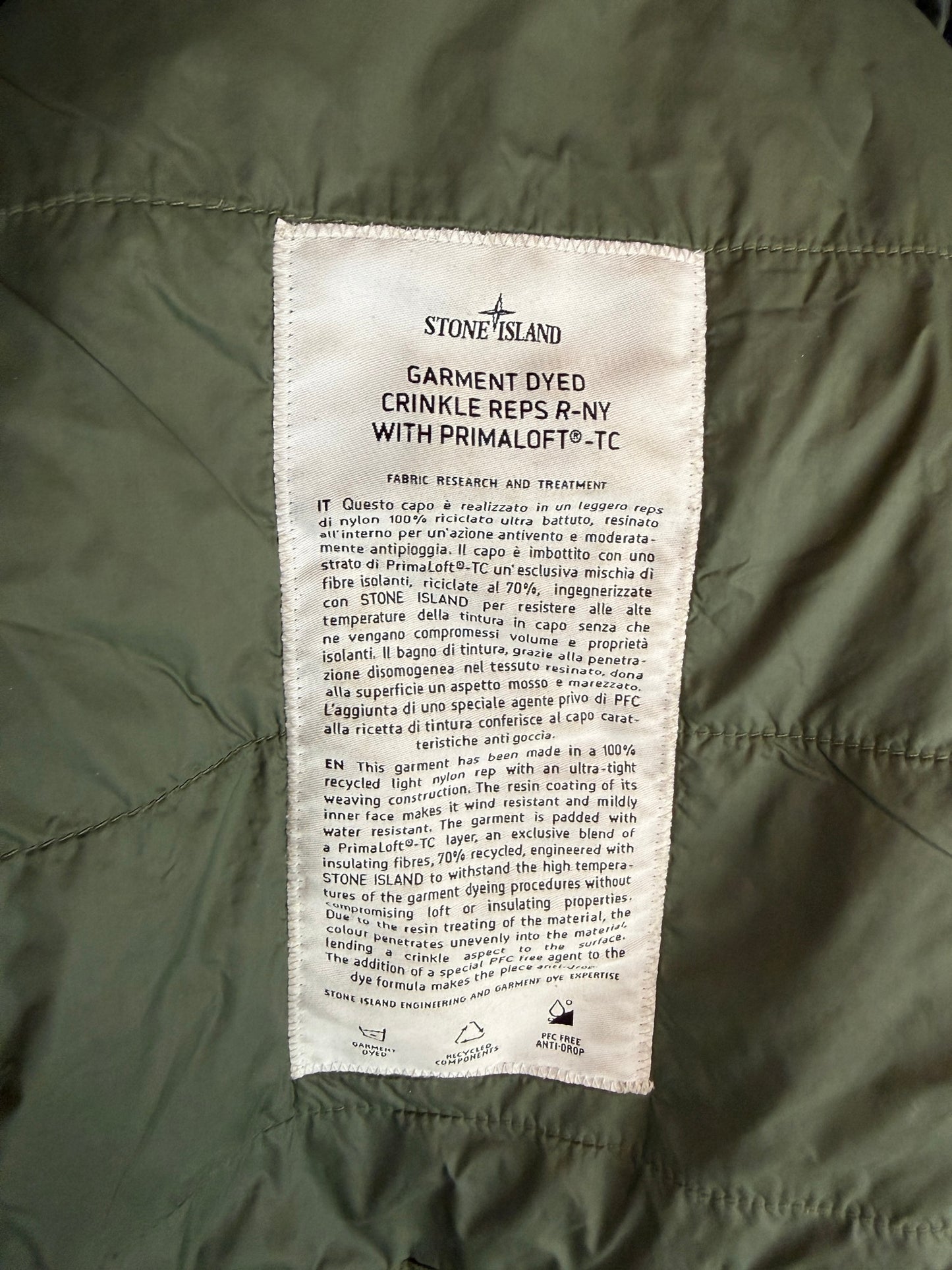 Giacca verde Garment Dyed Crinkle Reps R-NY with Primaloft-TC Stone Island - Taglia XXL