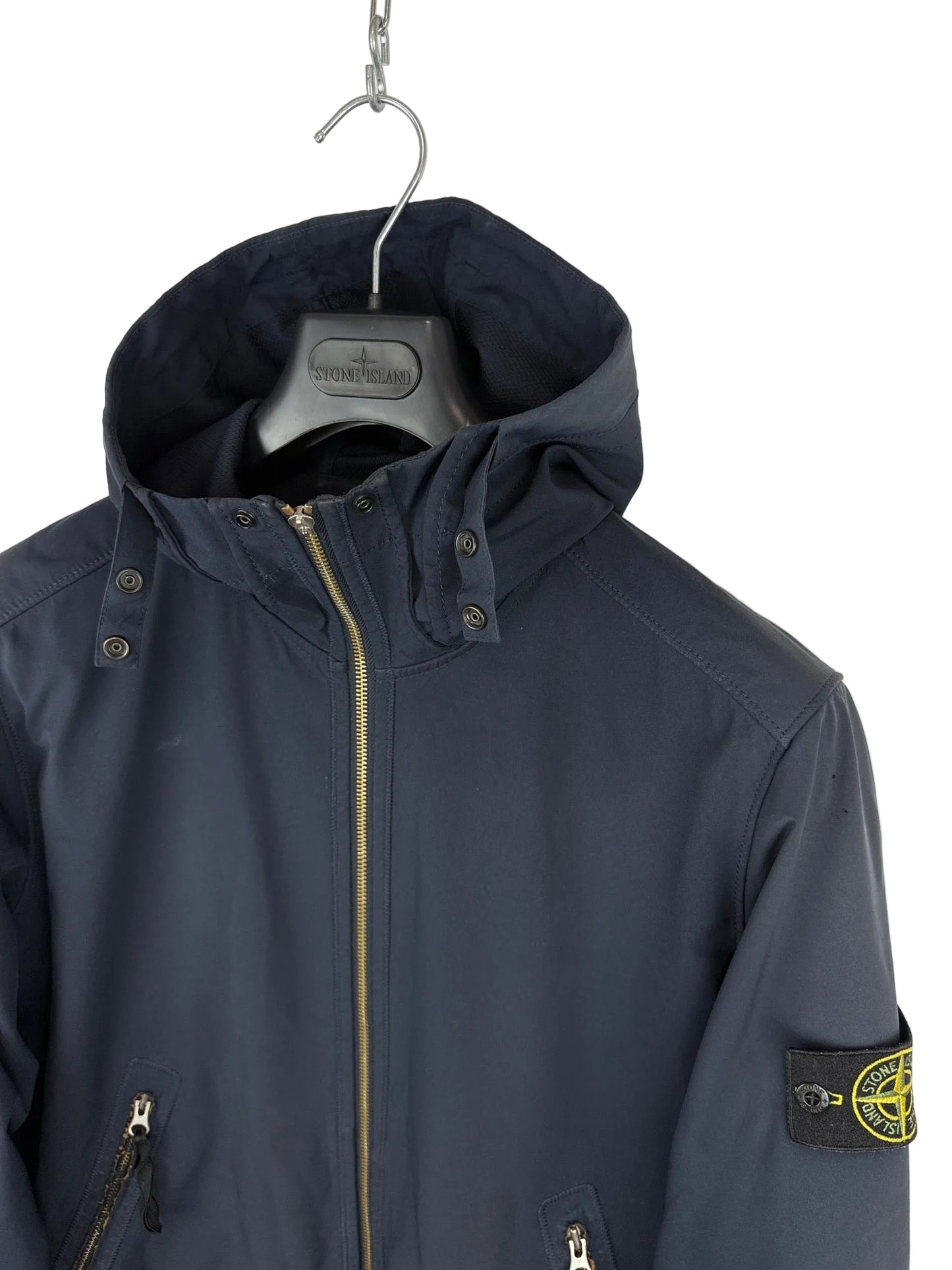 Giacca Light Soft Shell-R blu navy con zip e cappuccio Stone Island - Taglia L
