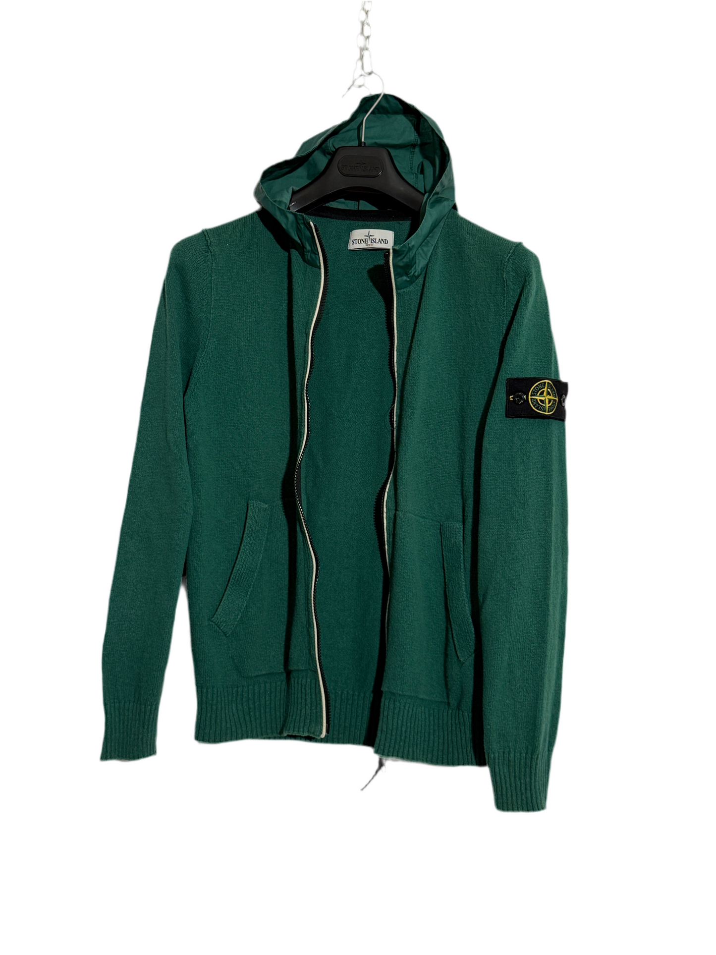 Felpa in maglia verde con zip e cappuccio vintage Stone Island - Taglia L