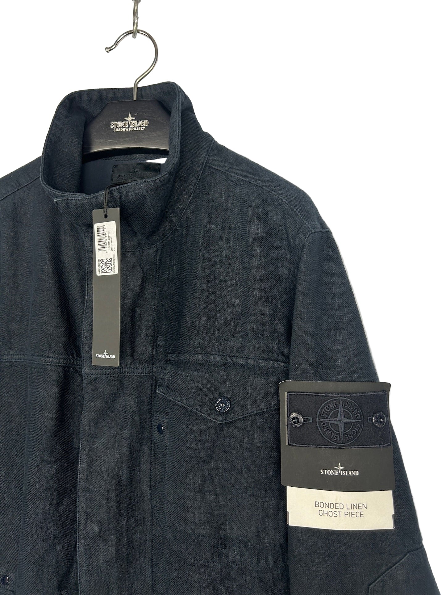 Giacca Ghost Bonded Linen blu navy con chiusura a bottoni Stone Island (nuova con cartellino) - Taglia L